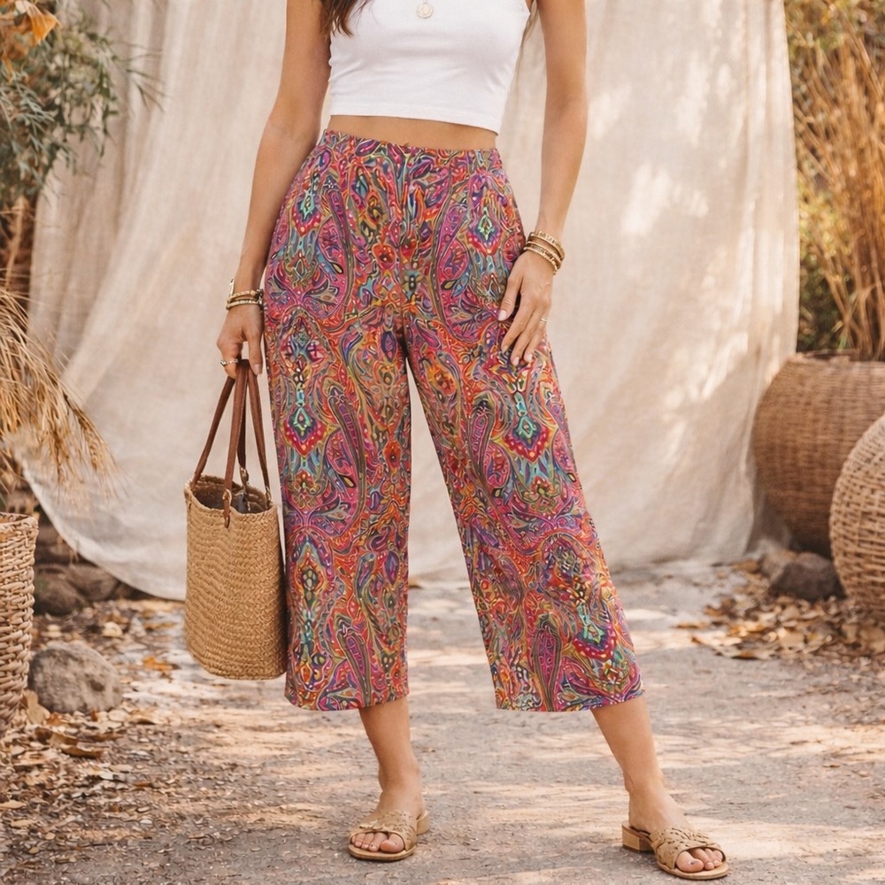 Grace Elements Silk Paisley Capri Pant 14 Colorful Vibrant Retro Boho Resortwear